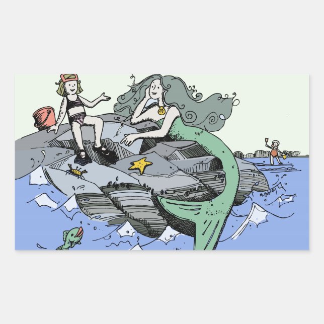 Mermaid coastal cute cartoon beach child art rectangular sticker (Front)