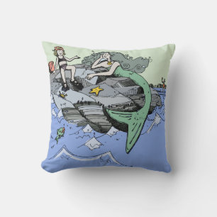 Mermaid coastal cute cartoon beach child art throw pillow