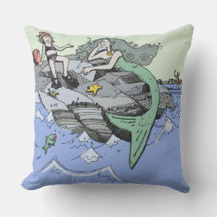 Mermaid coastal cute cartoon beach child art throw pillow
