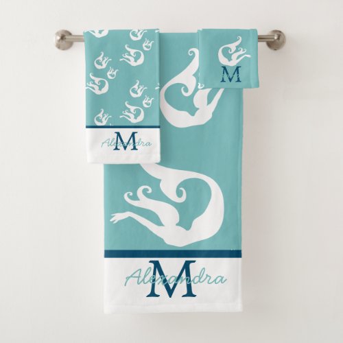 Mermaid coastal Teal Blue White Beach  Bath Towel 