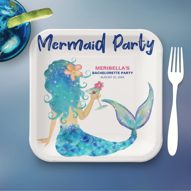 Mermaid Cocktail Minimalist Beach Bachelorette Paper Plates (Creator Uploaded)