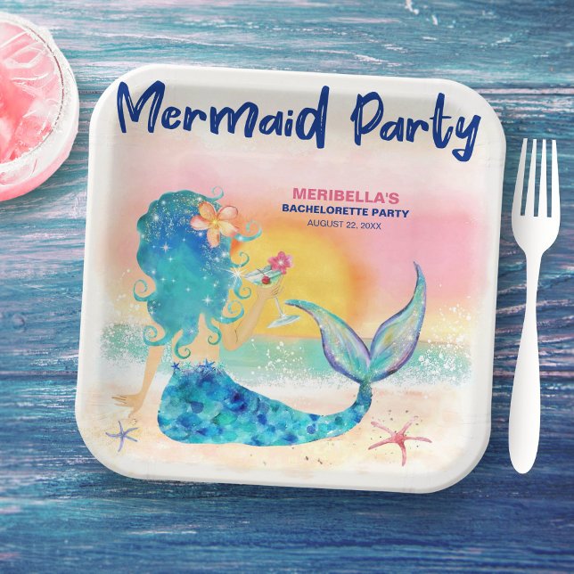 Mermaid Cocktail Tropical Beach Bachelorette Party Paper Plates (Creator Uploaded)