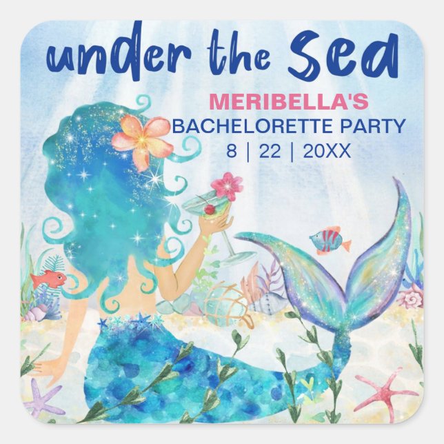Mermaid Cocktail Tropical Beach Bachelorette Party Square Sticker (Front)