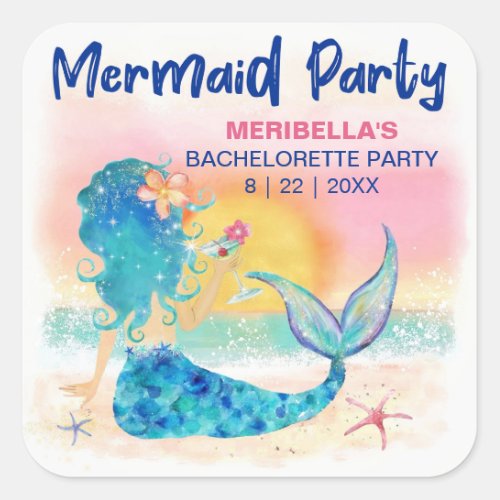 Mermaid Cocktail Tropical Beach Bachelorette Party Square Sticker