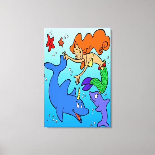 Mermaid comic ocean underwater dolphin work of art canvas print