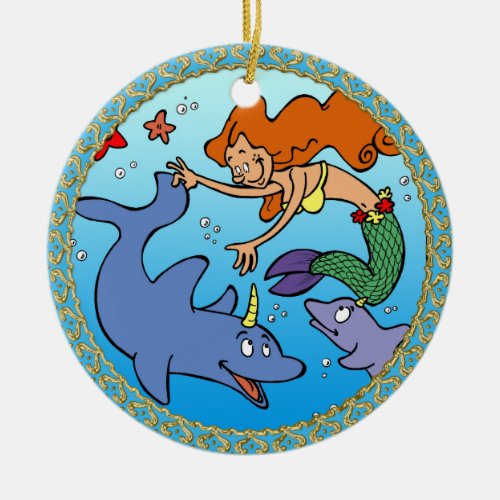 Mermaid comic ocean underwater dolphin work of art ceramic ornament