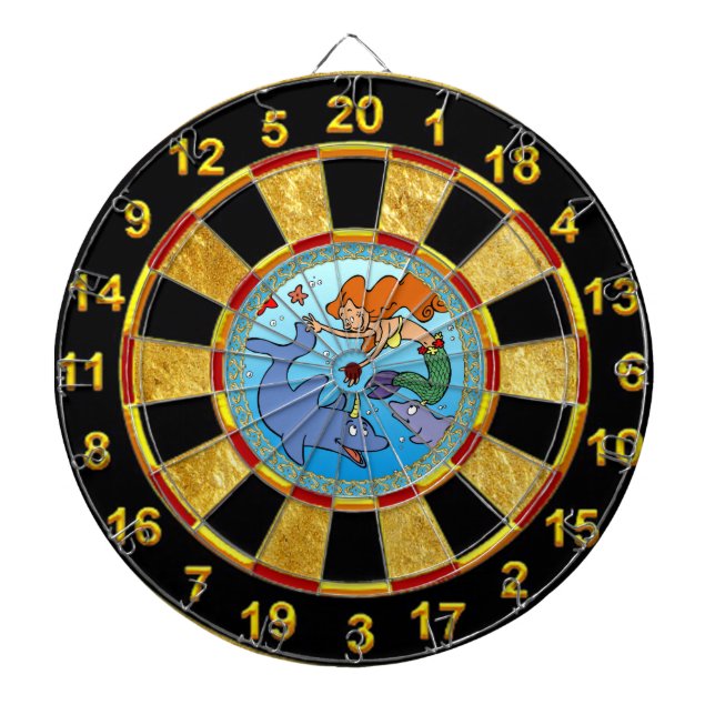 Mermaid comic ocean underwater dolphin work of art dart board (Front)