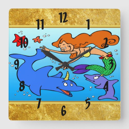 Mermaid comic ocean underwater dolphin work of art square wall clock