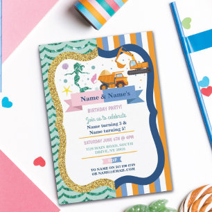 Mermaid & Construction Joint Boy Girl Birthday Invitation