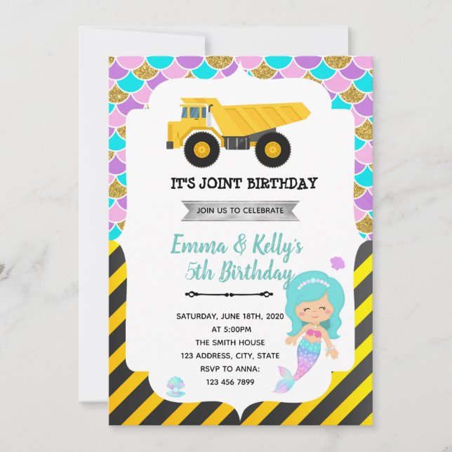 Mermaid construction  joint party Invitation (Front)