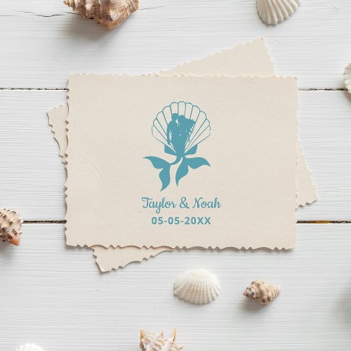 Mermaid Couple on a Seashell Design Rubber Stamp