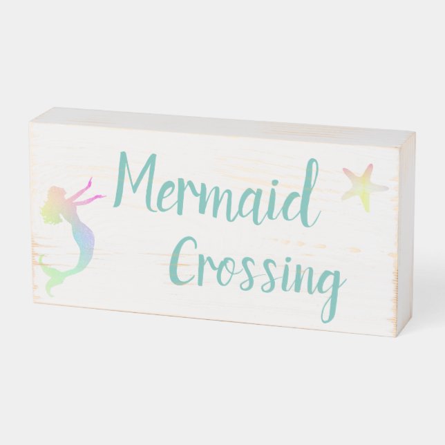 Mermaid Crossing Wooden Block Sign (Angled Horizontal)