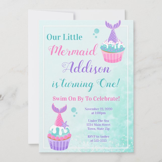 Mermaid Cupcake Birthday Invitation Mermaid Party (Front)