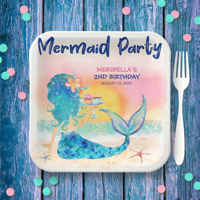 Mermaid Cupcakes Tropical Beach Girl's Birthday Paper Plates (Creator Uploaded)