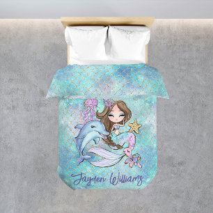 Mermaid Custom Brown Hair Girl Duvet Cover