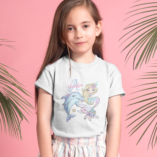 Mermaid Custom Kids Name Pink Girl T_Shirt