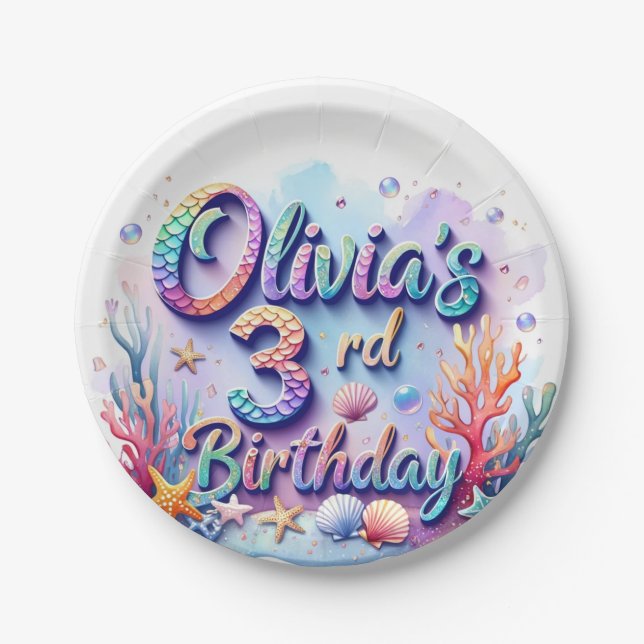 Mermaid Custom Name & Age - Under the Sea Party Paper Plates (Front)