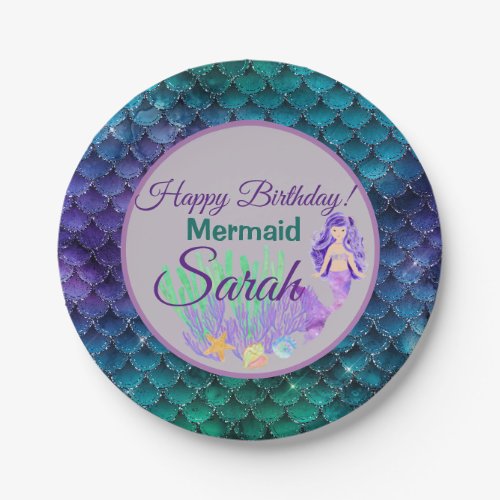 Mermaid Custom Sparkle Blue  Purple Paper Plates