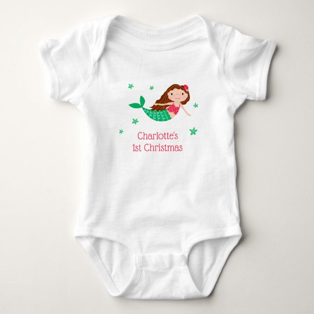Mermaid Cute 1st Christmas White Baby Bodysuit (Front)