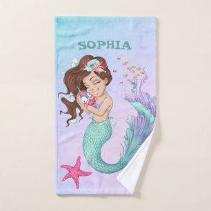 Mermaid Cute Blue Dark Hair Starfish Personal Bath Towel Set