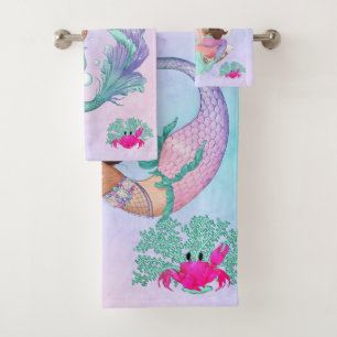 Mermaid Cute Blue Pink Starfish Personal Bath Towel Set