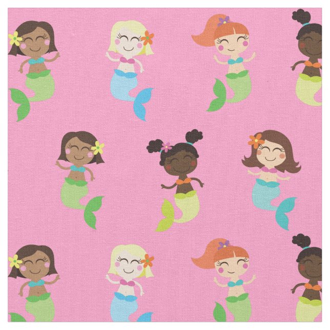 Mermaid Cute Cartoon Kids Print Fabric (Close Up)