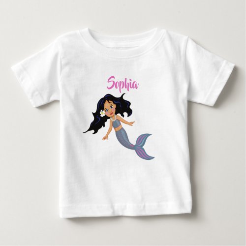 Mermaid Cute Dark Hair Pink Girly Personal Name Baby T_Shirt