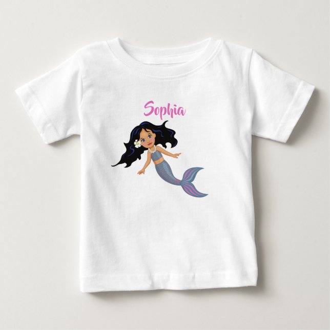 Mermaid Cute Dark Hair Pink Girly Personal Name Baby T-Shirt (Front)