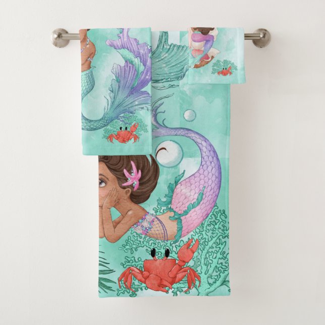 Mermaid Cute Dark Hair Starfish Green Personal Bath Towel Set (Insitu)