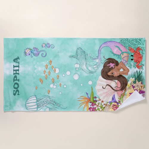 Mermaid Cute Dark Hair Starfish Green Personal  Beach Towel