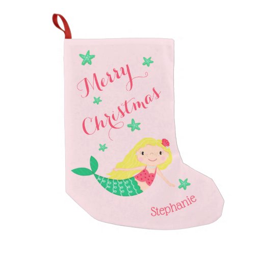 Mermaid Cute Festive Personalized Name Small Christmas Stocking