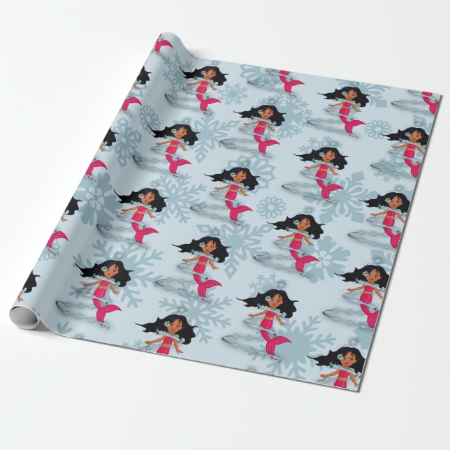 Mermaid Cute Girl Whimsical Snowflakes Wrapping Paper (Unrolled)