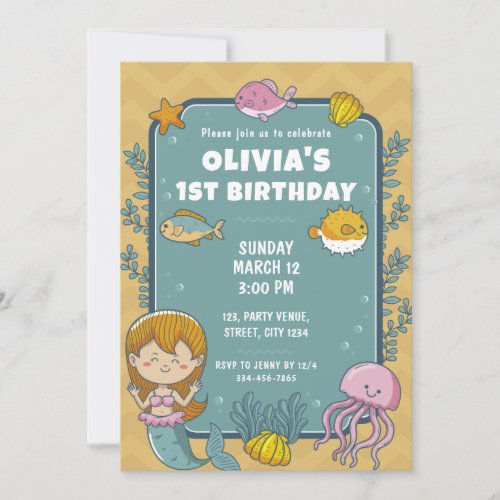 Mermaid Cute Girls 1st Birthday Party  Invitation