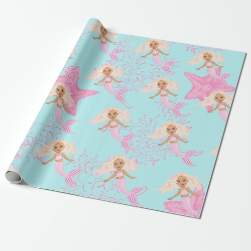 Mermaid Cute Girly Pink Blue Under The Sea Wrapping Paper