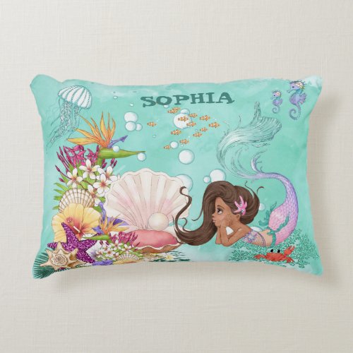 Mermaid Cute Green Dark Hair Starfish Personal   Accent Pillow