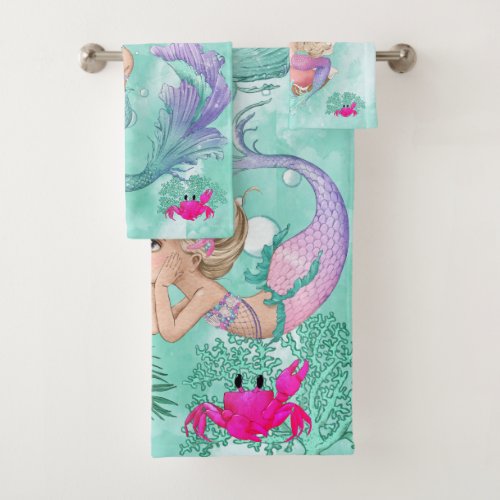 Mermaid Cute Green Starfish Personal Bath Towel Set