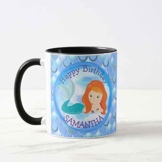 Mermaid Cute Happy  BIRTHDAY BLUE Mug (Left)