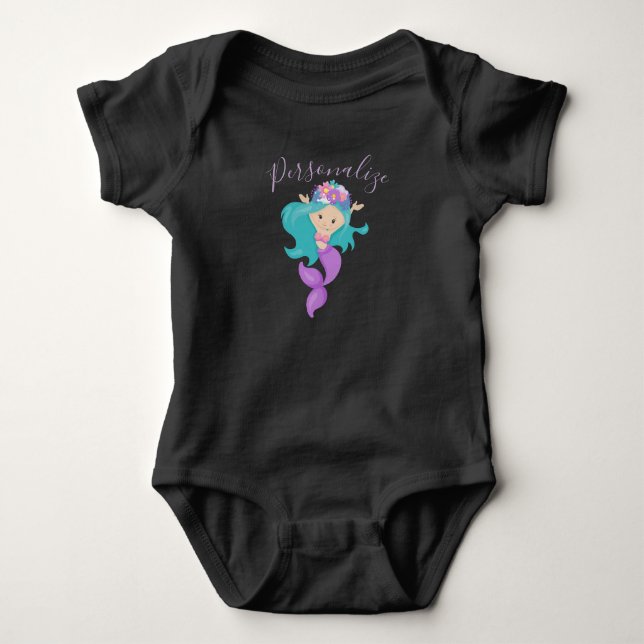 Mermaid Cute Little Girl Mermaid Purple Flowers Baby Bodysuit (Front)