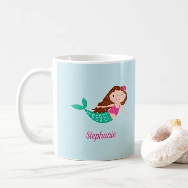 Mermaid Cute Personalized Blue Coffee Mug (With Donut)