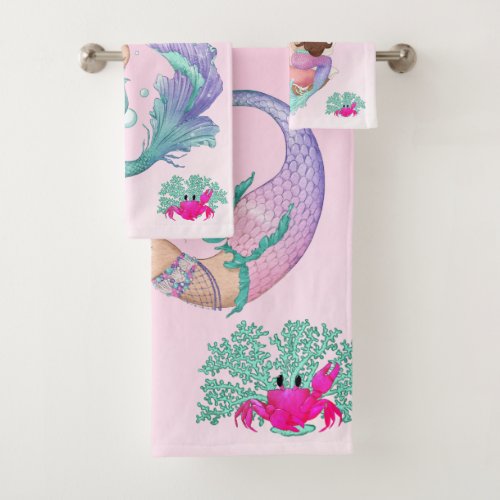 Mermaid Cute Pink Starfish Dark Hair Personal  Bath Towel Set