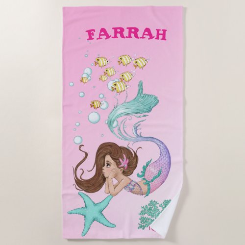 Mermaid Cute Pink Starfish Dark Hair Personal   Beach Towel