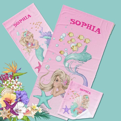 Mermaid Cute Pink Starfish Personal Bath Bath Towel Set