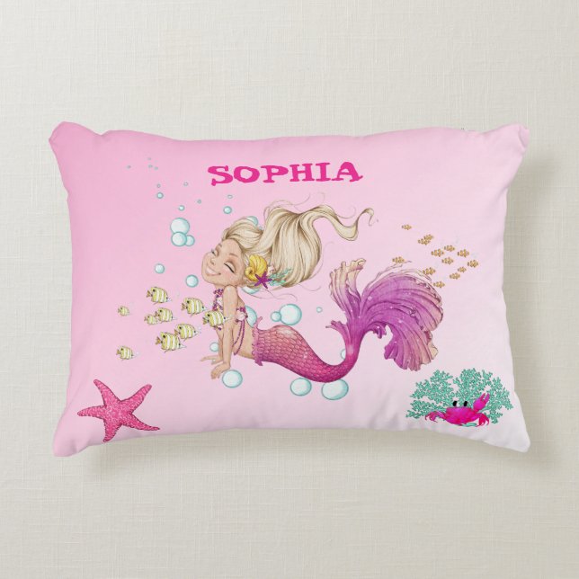 Mermaid Cute Pink Starfish Personal Blue   Accent Pillow (Front)