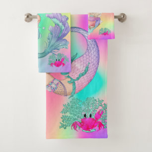 Mermaid Cute Pink Starfish Rainbow Personal Bath Towel Set