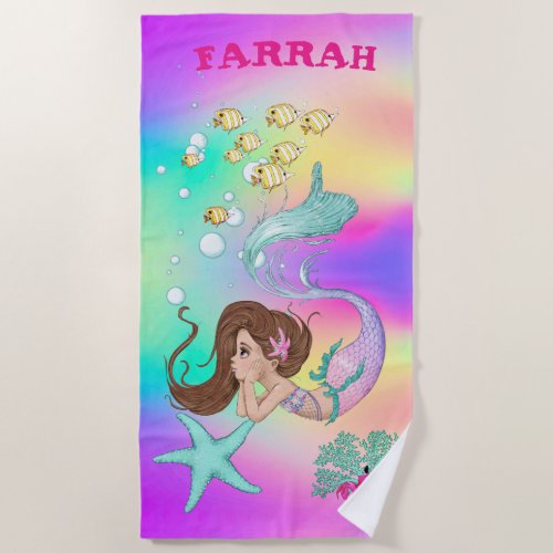 Mermaid Cute Rainbow Pink Starfish Dark Hair  Beach Towel