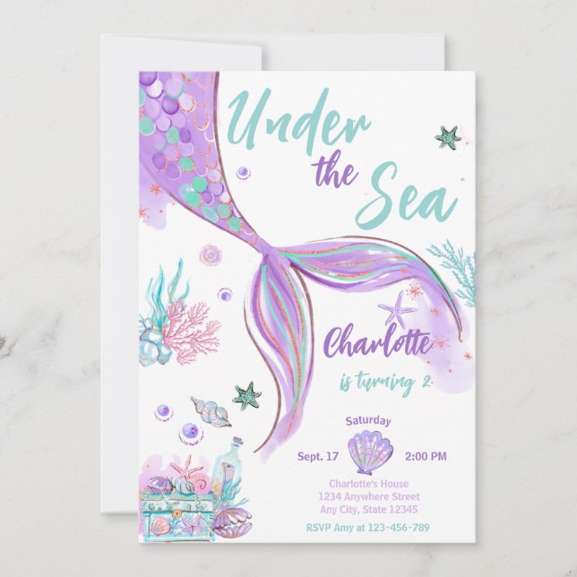 Mermaid Cute Under The Sea Glitter Birthday Invitation (Front)