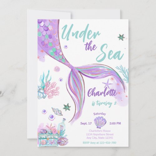 Mermaid Cute Under The Sea Glitter Birthday Invitation