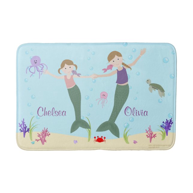 Mermaid Dark Blonde Sisters Personalized Bath Mat (Front)