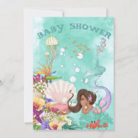 Mermaid Dark Hair Baby Shower Cute Green  Invitation