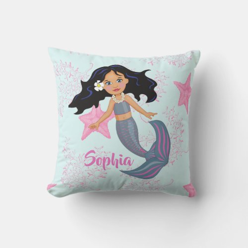 Mermaid Dark Hair Blue Cute Girly  Kids Throw Pillow